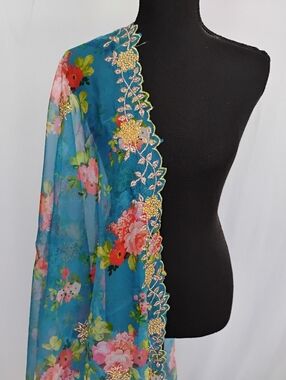 Blue Floral Embroidered Chiffon Scarf/ Dupatta
